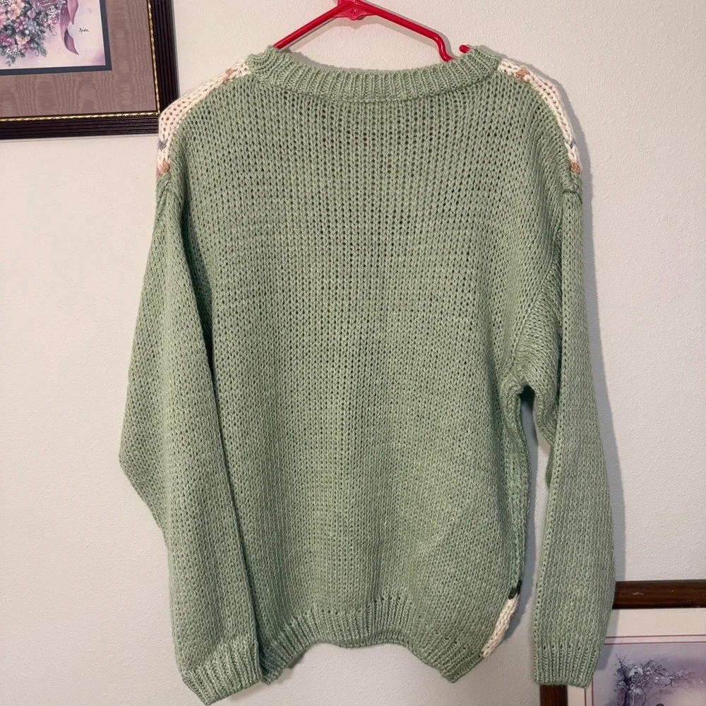 Green and Pink Vintage Grannycore Ramie Cotton Floral Sweater women’s Medium - Picture 4 of 4